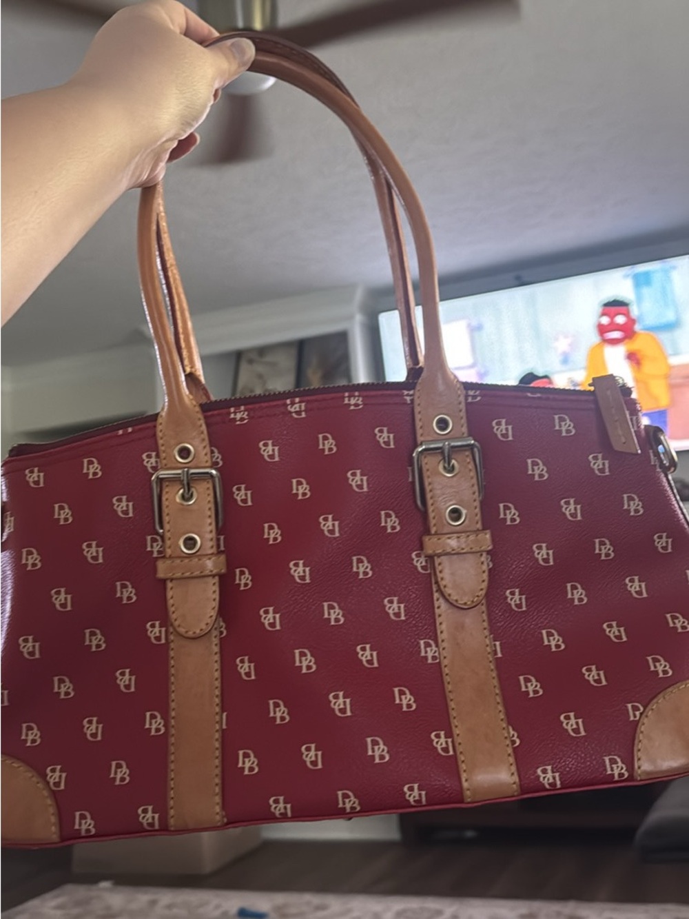 Dooney & Bourke DB Monogram Satchel in Red with Tan Trim